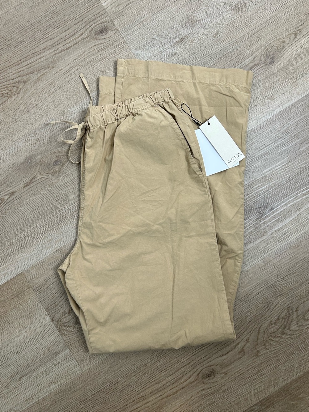 NWT Nation LA 100% Pima Cotton Poplin Lucia Tie Waist Wide Leg Pant in Toffee